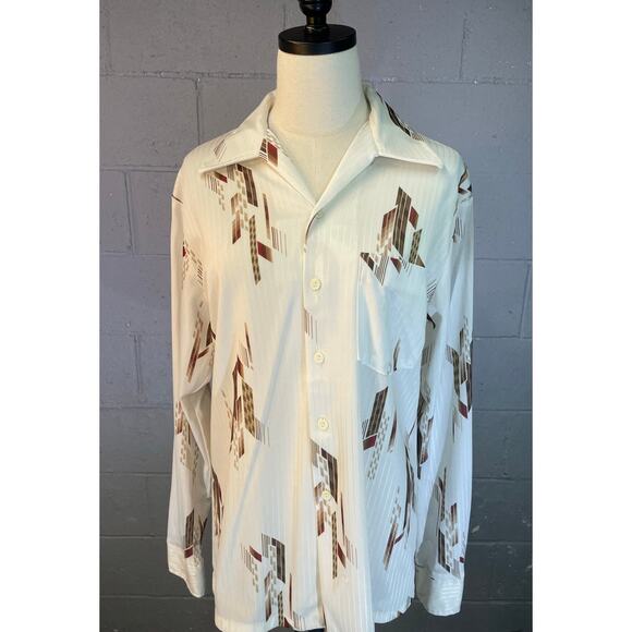 Vintage 70s Mr. Jan Polyester Disco Shirt Dagger Collar Abstract Earth Tones Med - Picture 5 of 10
